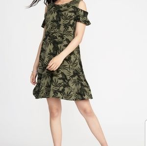 Old Navy cold shoulder olive tropical swing dress